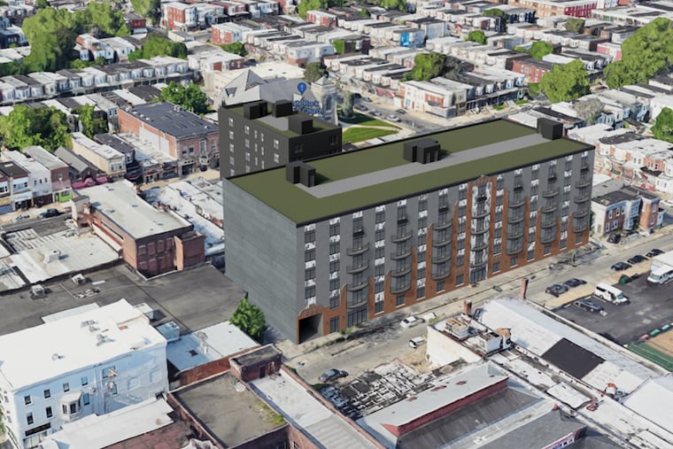 An aerial rendering of the 204-unit apartment building, looking at its Ludlow Street-facing facade.