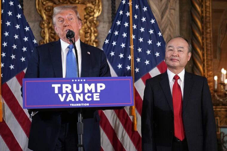 President-elect Donald Trump speaks during a news conference at Mar-a-Lago, Monday, Dec. 16, 2024, in Palm Beach, Fla., as SoftBank Group CEO Masayoshi Son listens.