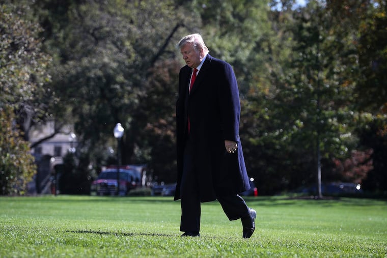 President Donald Trump walks on the South Lawn of the White House as he arrives to the White House after a trip to New York on Sunday, Nov. 3, 2019 in Washington, D.C. (Oliver Contreras/Sipa USA/TNS).