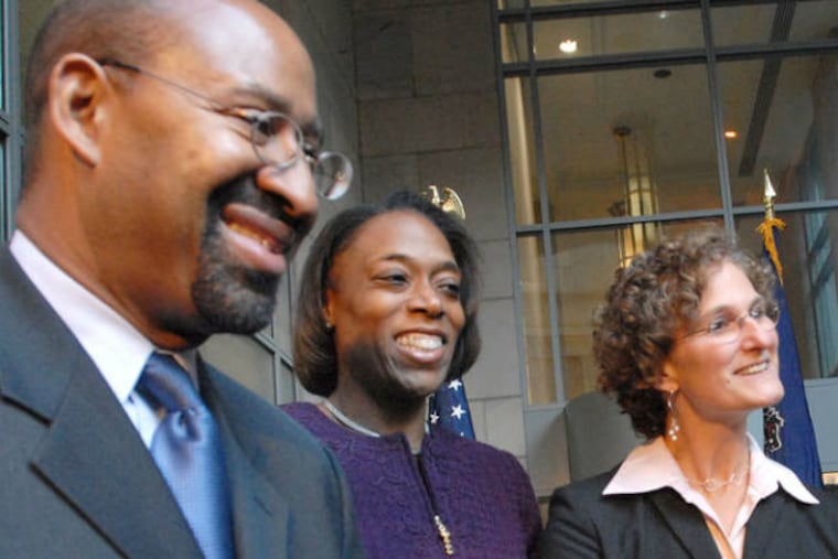 Mayor Nutter early in his tenure with appointees (from left) Kenya S. Mann, named to the city's Board of Ethics; Inspector General Amy L. Kurland; and Joan L. Markman, chief integrity officer.
