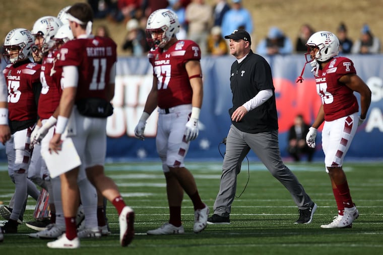 Temple head coach Rod Carey walks onto the field during a timeout in the Military Bowl against North Carolina at Navy-Marine Corps Memorial Stadium in Annapolis, Md., in December.
