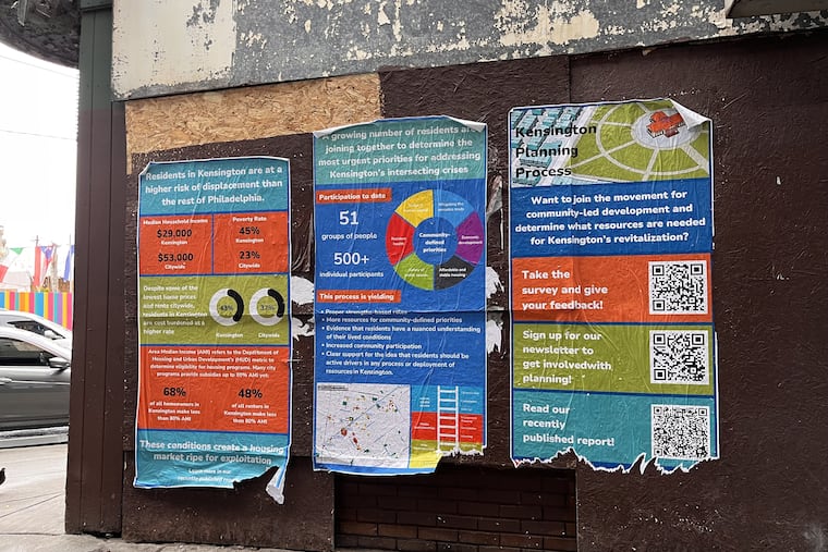 Wheatpasted posters on Kensington Avenue describing Kensington's housing crisis and community input through the "Co-Creating Kensington" process in March 2024.
