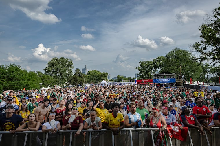 Soccer fans gather to watch Mexico play South Africa on a giant screen during the opening day of the FIFA Fan Festival at Lemon Hill on June 11.