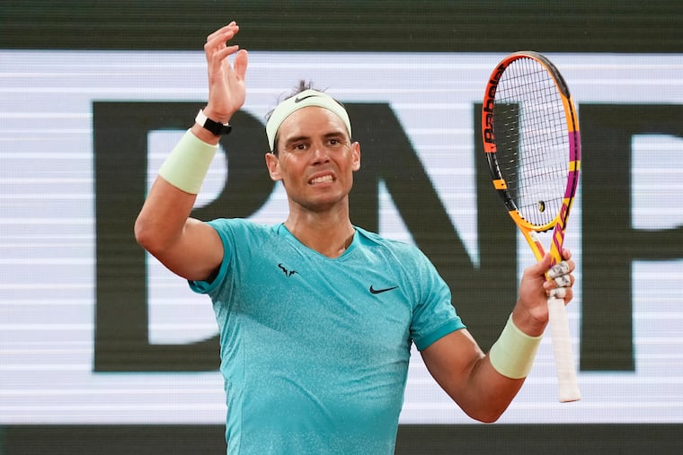 Spain's Rafael Nadal gestures after missing a shot against Germany's Alexander Zverev during their first round match of the French Open.