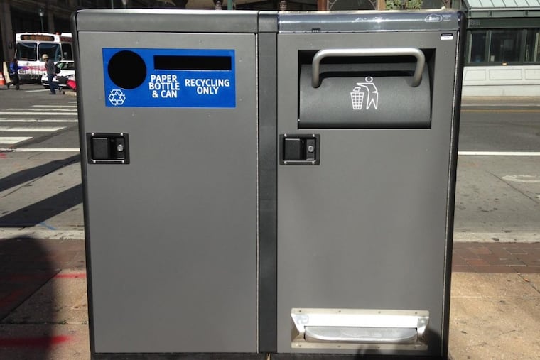 New Bigbelly trash compactors at 8th and Market Streets.