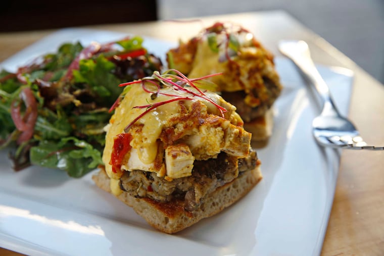 The Front Street Benedict with tofu scramble over mushroom scrapple and hollandaise at the Front Street Café in Fishtown.