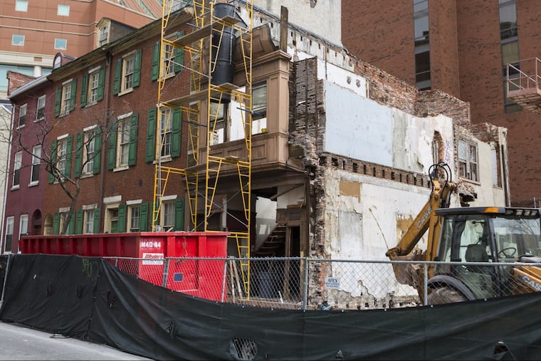 The weaknesses of Philadelphia’s preservation law can be seen in Wills Eye Hospital’s treatment of a row of 19th-century houses on Ninth Street. Wills has badly neglected all five houses, including three listed on the historic register. The demolition of the two at the end (which are not designated) seems to be the first step in creating a site for a new building.