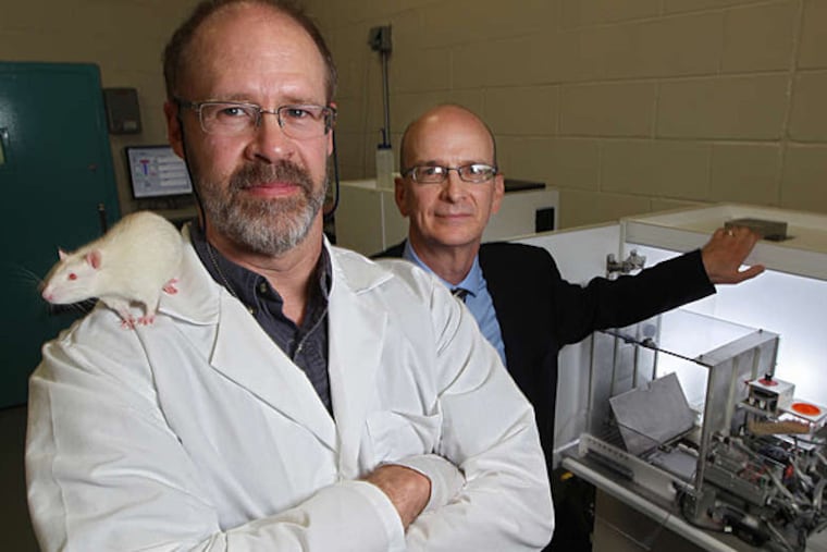 Opertech Bio chief scientist R. Kyle Palmer (left), with CEO Scott Horvitz, carries one of the start-up's furry taste-testers on his shoulder at the lab in North Philadelphia. (vMICHAEL BRYANT / Staff Photographer