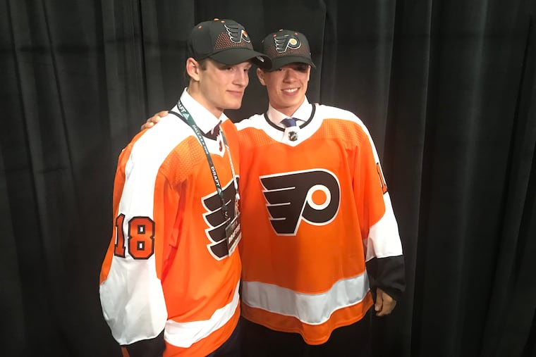 The Flyers' two first-round picks last June were Joel Farabee (left) and Jay O'Brien.
