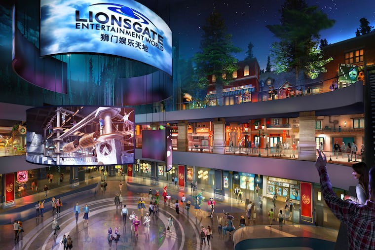 This rendering released by Lionsgate shows the atrium of Lionsgate Entertainment World, a virtual reality-heavy theme park set to open in July on Hengqin island in Zhuhai, China. The park will feature rides, shops and attractions set in the worlds of popular Lionsgate films including "The Hunger Games," "Twilight" and "Escape Room."