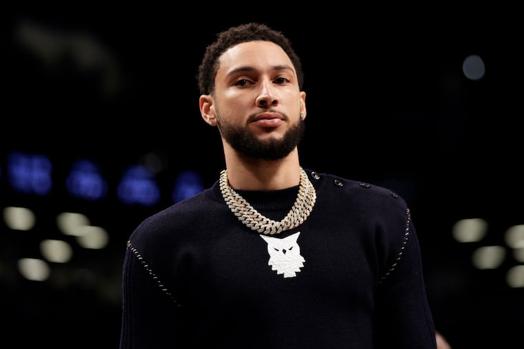 Ben Simmons (10) of the Brooklyn Nets looks on during the first half against the Boston Celtics at Barclays Center in New York City.