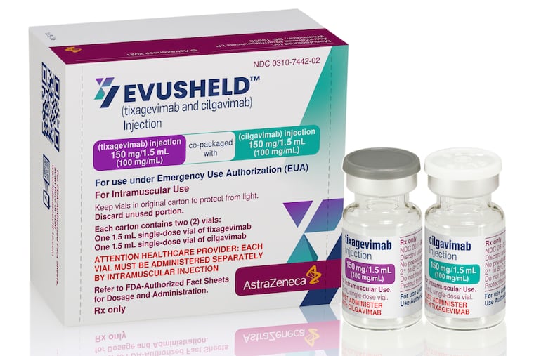 Packaging and vials for the AstraZeneca's Evusheld medication.