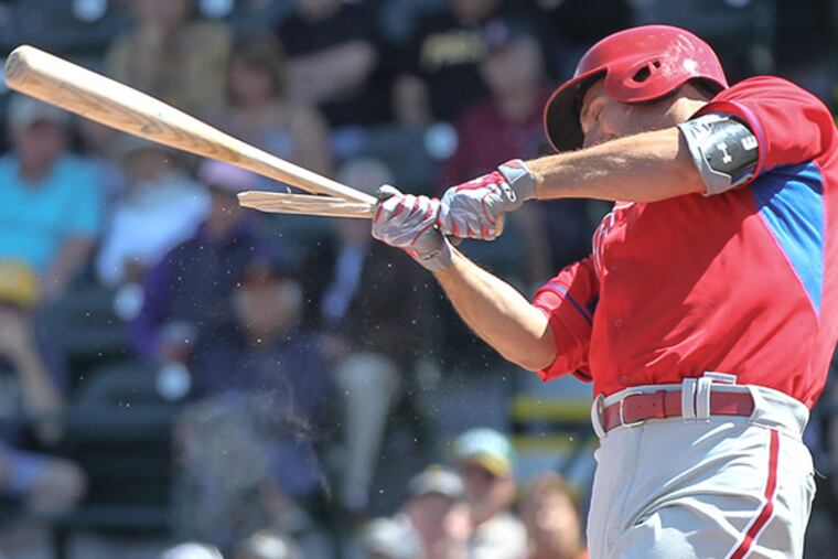 Phillies' Jeff Francoeur breaks his bat as he grounds out against the Pirates during the 6th inning at McKechnie Field in Bradenton Florida, Monday, March 30, 2015. Phillies get beat by the Pirates 18-4. (Steven M. Falk/Staff Photographer)