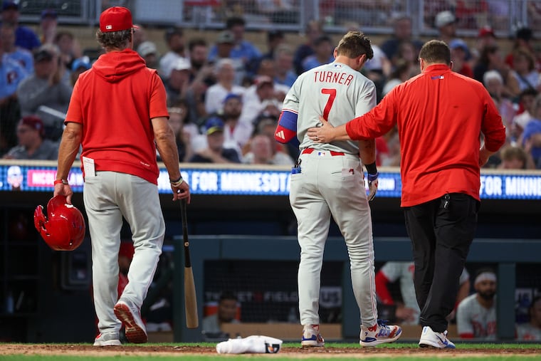 Phillies shortstop Trea Turner avoided serious injury after fouling a ball off his upper right leg Saturday night.
