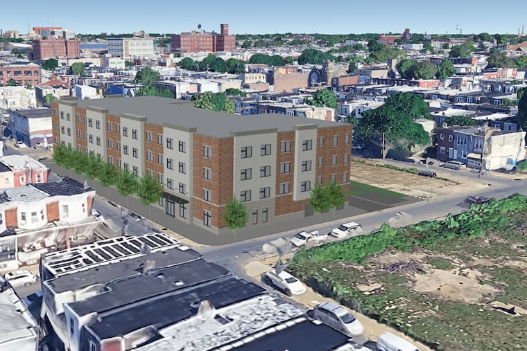 A rendering of PHA's proposed apartment building in Kensington, in context of the larger neighborhood.