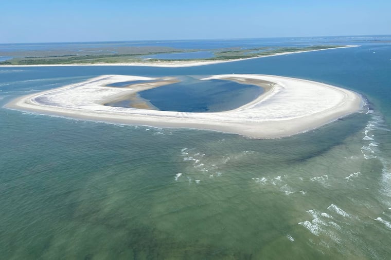 Aerial photograph of New Jersey's Horseshoe Island in June 2021, looking northwest towards Little Beach Island, Edwin B. Forsythe National Wildlife Refuge.