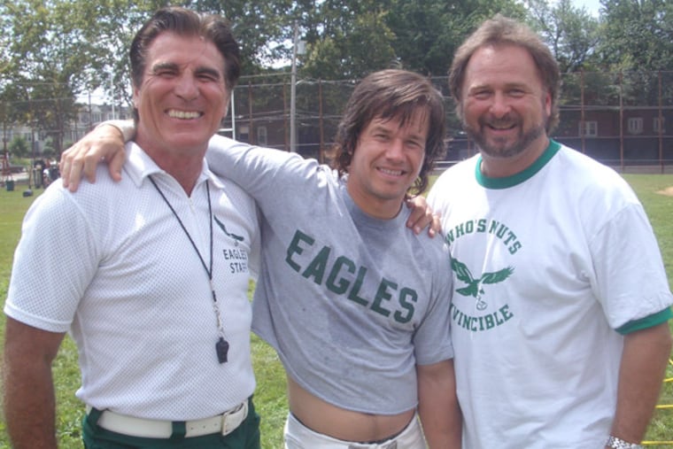Vince Papale, left, and his former Eagles roommate Denny Franks flank actor Mark Wahlberg, who played Papale in "Invincible." (Vince Papale photo)