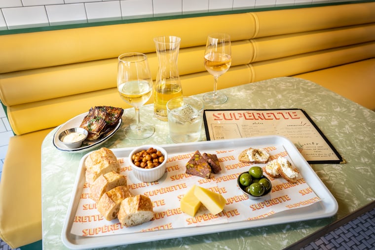 Snack board at Supérette, a restaurant, bottle shop, and wine bar on East Passyunk Avenue.