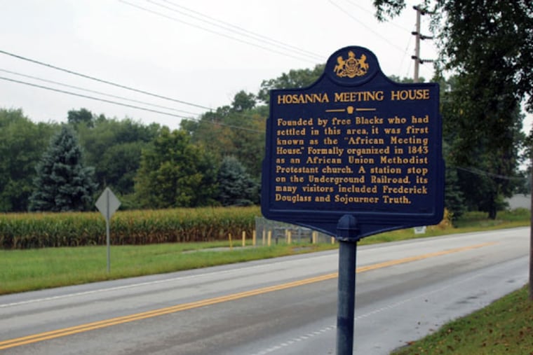 Historical marker noting the church location. (Khalil Williams/Inquirer Staff)