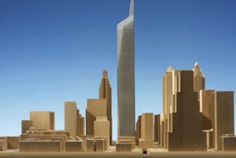 This is a model for a proposed 1,500-foot tower at 18th and Arch Streets. It would edge out Chicago's Sears Tower, at 1,451 feet, to become the nation's tallest building.