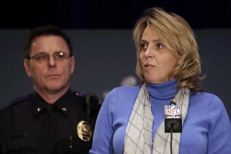 The NFL's Cathy Lanier speaks during a security news conference in advance of the Super Bowl 52 football game, Wednesday, Jan. 31, 2018, in Minneapolis. The Philadelphia Eagles play the New England Patriots on Sunday, Feb. 4, 2018.