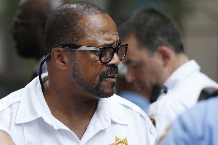 Sheriff Jewell Williams arrives on the scene of the incident at the Criminal Justice Center in Philadelphia, Pa. on Aug. 4, 2016. Two people were injured in a mishap involving two elevators.