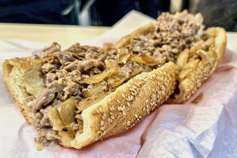 A cheesesteak with fried onions at Uncle Gus' Steaks at Reading Terminal Market on Nov. 17, 2024.