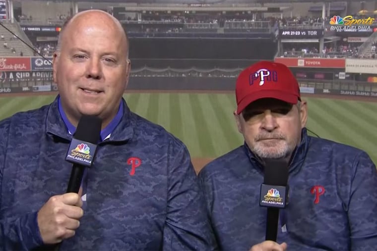 NBC Sports Philadelphia Phillies announcers Tom McCarthy (left) and John Kruk will call this afternoon's home opener on NBC10.