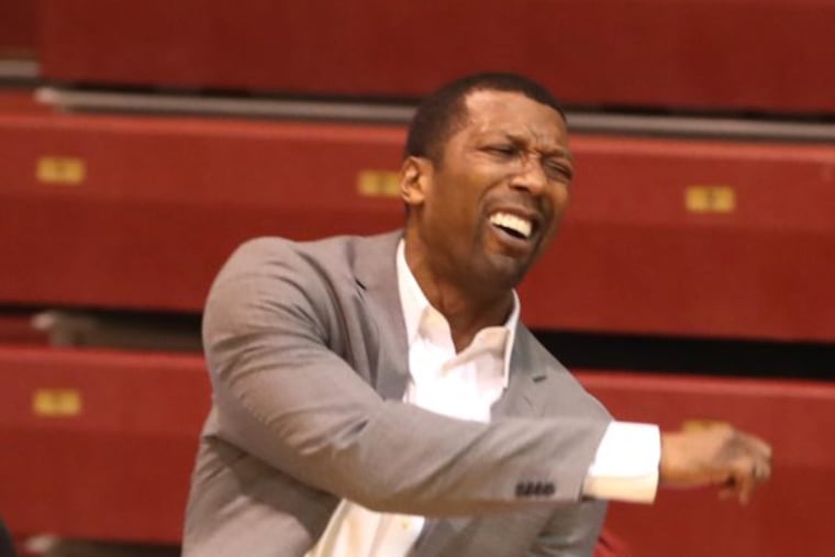 Head Coach Sean Colson of Martin Luther King reacts during their game against Imhotep at St. Joseph’s University on Feb. 23, 2017 in the boys Philadelphia Public League Championship game. CHARLES FOX / Staff Photographer