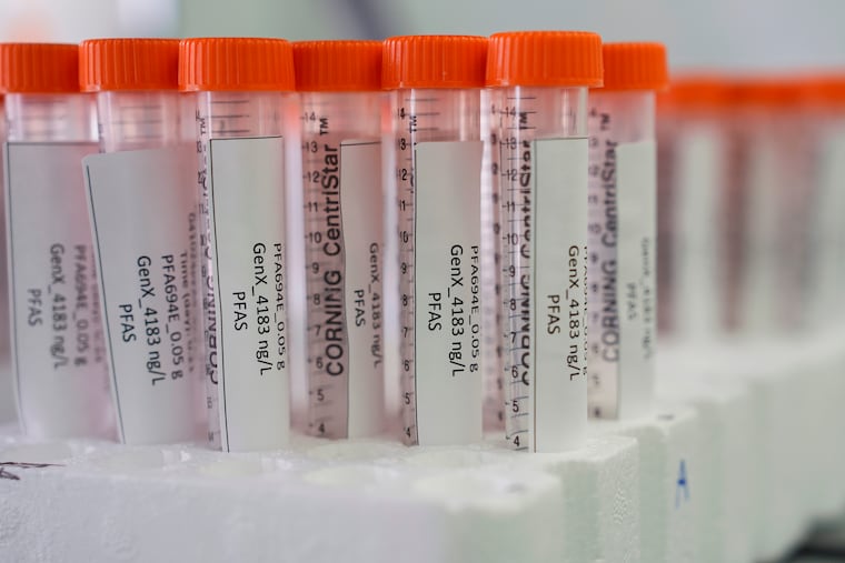 Vials containing PFAS samples sit in a tray at a U.S. Environmental Protection Agency lab in Cincinnati.