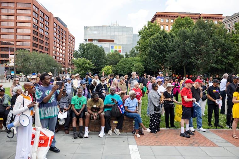 Activists gather for an Aug. 2 event at the President’s House in Philadelphia as part of an effort to preserve exhibits on slavery threatened by President Donald Trump's order.