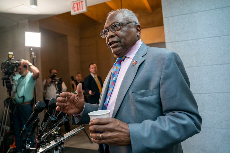 Majority Whip James Clyburn, D-S.C., pauses for reporters on the way to a Democratic Caucus where members will hear from former CIA Director John Brennan about the situation in Iran, at the Capitol in Washington, Tuesday, May 21, 2019. (AP Photo/J. Scott Applewhite)