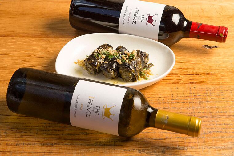 Grape leaf-wrapped beef with crushed walnuts at Opa could be paired with either a red or white Greek wine.