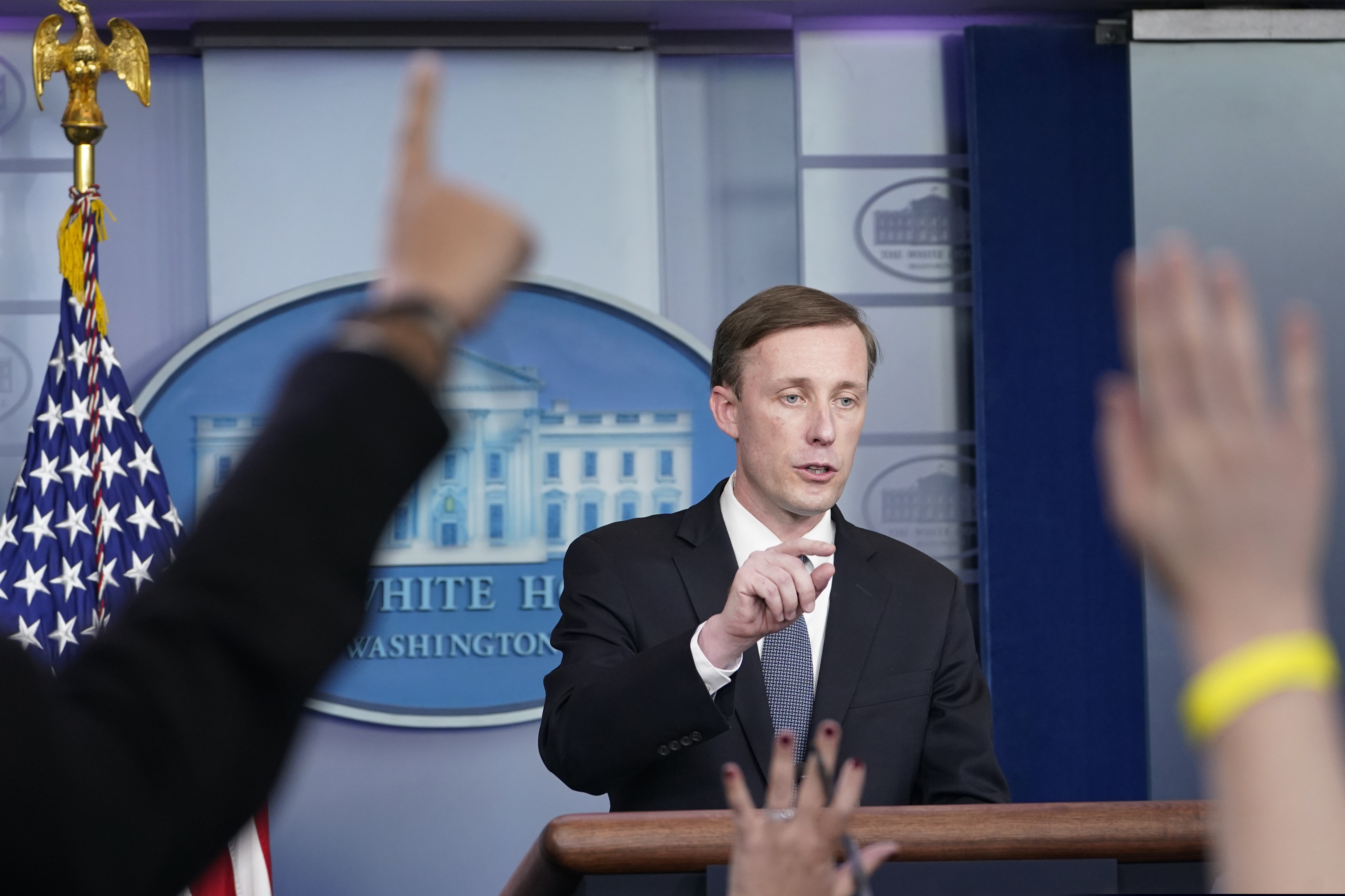White House national security adviser Jake Sullivan at a White House briefing earlier this month. At a meeting of the Council on Foreign Relations Friday, Sullivan denied that the State Department had narrowed the categories of Afghan visa applicants whom it will help to exit the country.