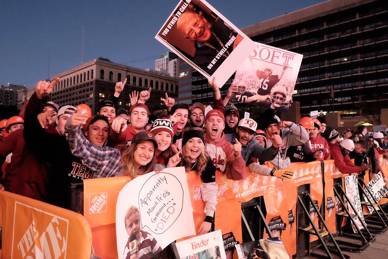 Fans gather at Independence Mall ahead of Temple University's match against Notre Dame.