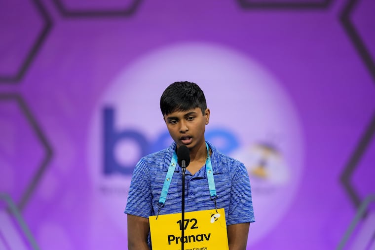 Pranav Anandh, 14, from Glen Mills, competes during the Scripps National Spelling Bee May 30 in Oxon Hill, Md.