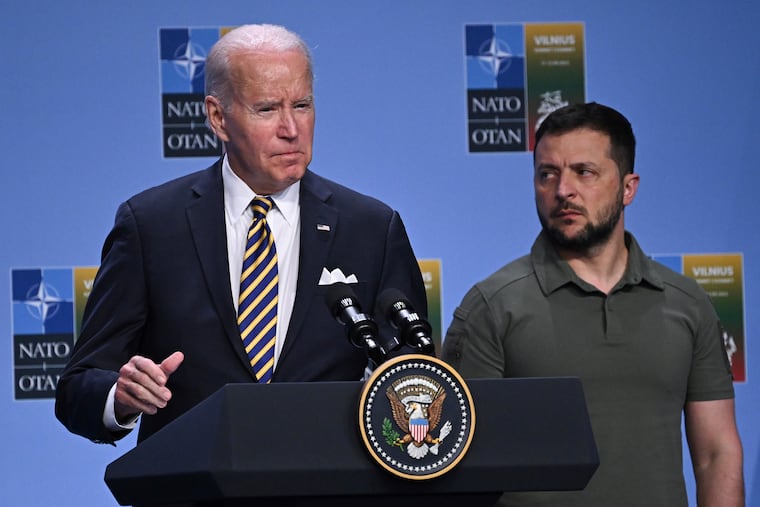 President Joe Biden (left) speaks at an event with G7 leaders and Ukrainian President Volodymyr Zelensky to announce a Joint Declaration of Support for Ukraine during the NATO summit in Vilnius, Lithuania, on Wednesday.