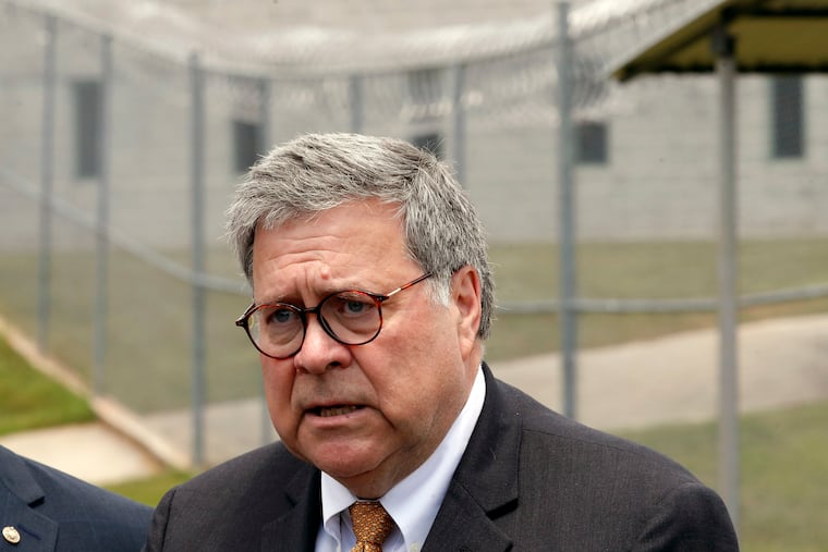 Attorney General William Barr speaks to reporters after a tour of a federal prison Monday, July 8, 2019, in Edgefield, S.C.