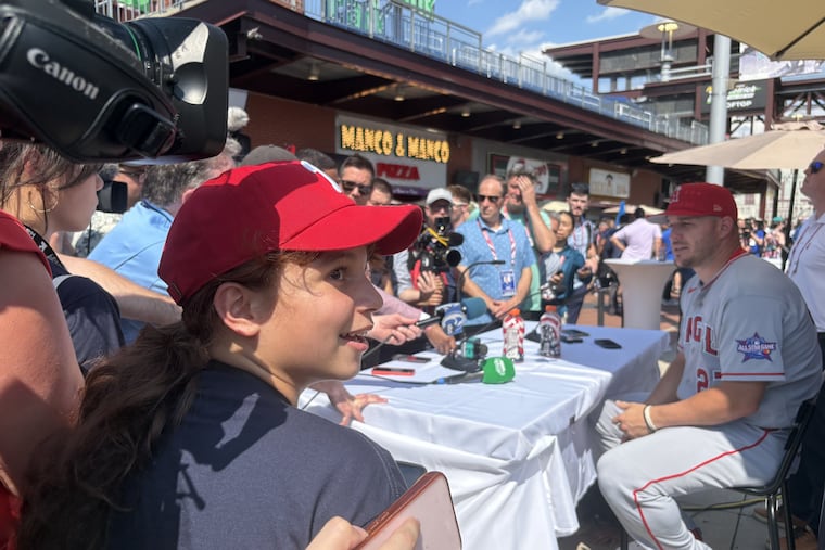 Isabella Gonzalez, 12, prepares to interview Angels star and Millville native Mike Trout.