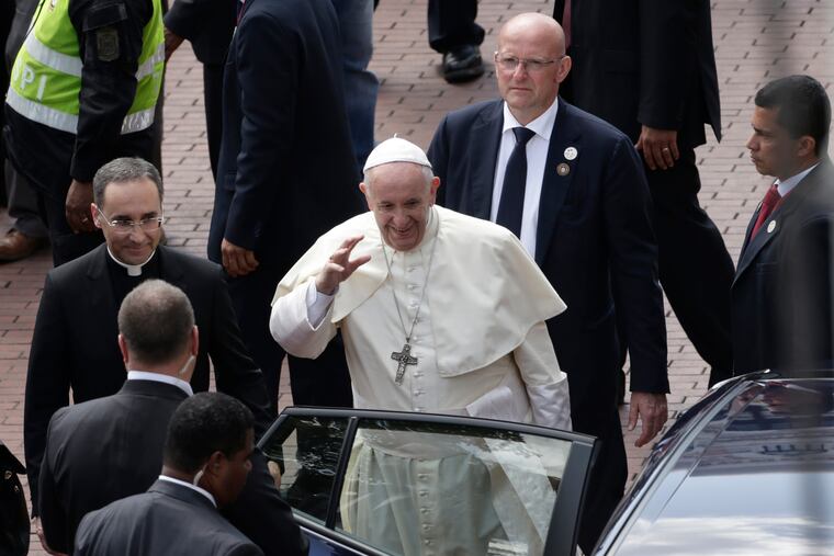 Pope Francis boards a vehicle after celebrating Mass at the Santa Maria La Antigua cathedral, in the old section of Panama City, Saturday, Jan. 26, 2019. Francis turned his attention to the country's priests and religious sisters as he reached the midway point in his five-day Central American visit. (AP Photo/Arnulfo Franco)