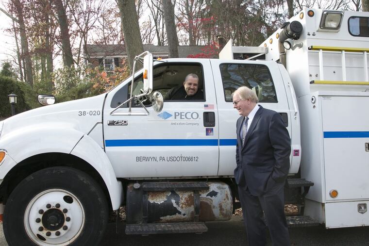 Arnaldo Maldonado (left), a Gas Distribution Mechanic with PECO, chats with CEO of PECO Craig Adams prior to the start of a groundbreaking for a gas main on Saunders Drive in Wayne.