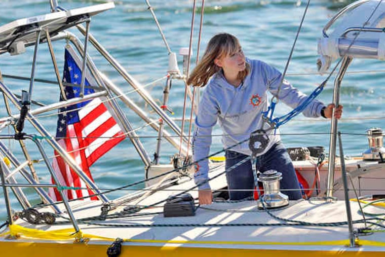 Abby Sunderland, 16, as she sailed out aboard Wild Eyes. She was spotted by an aircraft crewon Friday and was awaiting rescue early Saturday on her crippled sailboat in the Indian Ocean.