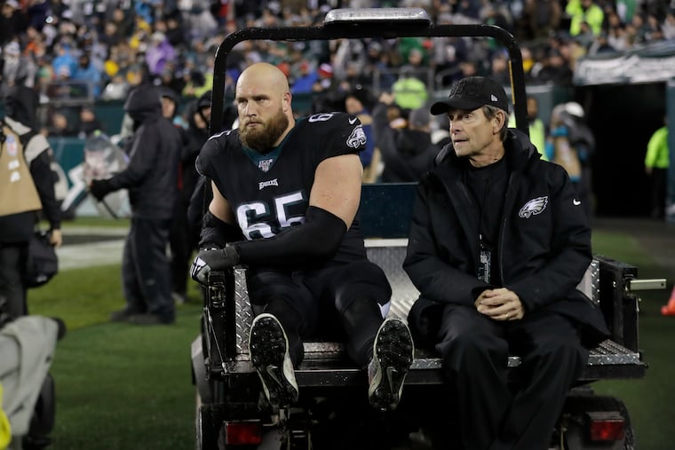Eagles offensive tackle Lane Johnson is carted off the field during the second quarter of the game Monday, December 9, 2019 at Lincoln Financial Field in Philadelphia.