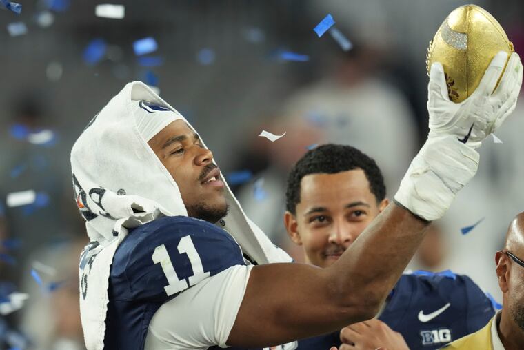 Penn State defensive end Abdul Carter celebrates after the Fiesta Bowl College Football Playoff win over Boise State on New Year's Eve.