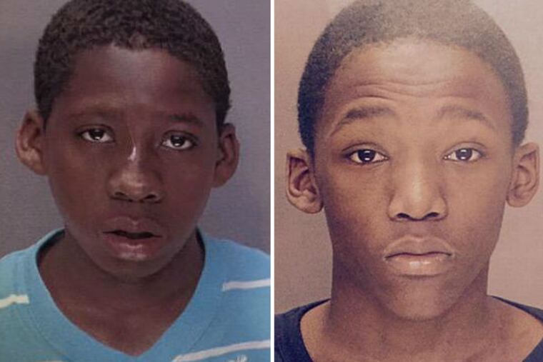 Police allege that Brandon Smith, left, and Tyfine Hamilton, right, both 15, and an unidentified 14-year-old were involved in the shooting death of Jim Stuhlman, 51, in Overbrook while he was walking his dog last week. Smith is under arrest. Police are still looking for Hamilton. (Photos from Philadelphia Police Department)