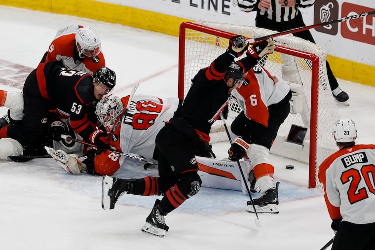 Carolina Hurricanes left wing Taylor Hall celebrates his game-winning goal against the Philadelphia Flyers in overtime in Game 2 of the Eastern Conference second round Stanley Cup playoffs on Monday, May 4, 2026 in Raleigh, North Carolina.