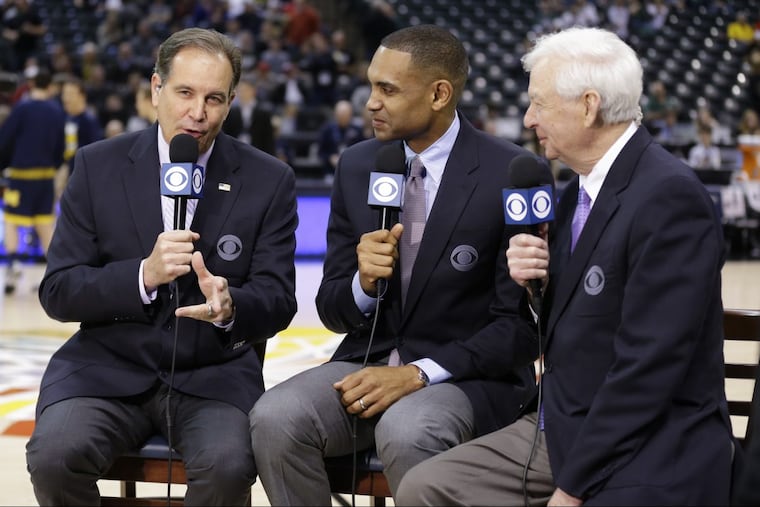 The lead CBS/Turner NCAA men’s basketball tournament announcer team of Jim Nantz (left), Grant Hill (right) and Bill Raftery