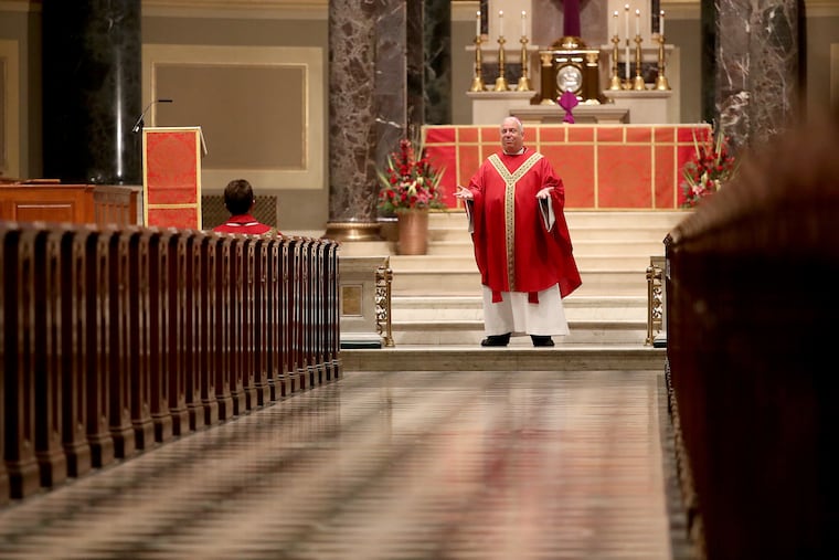 Archbishop Nelson Pérez giving his homily during Palm Sunday mass that was closed to the public at Cathedral Basilica of Saints Peter & Paul in Philadelphia on April 5.