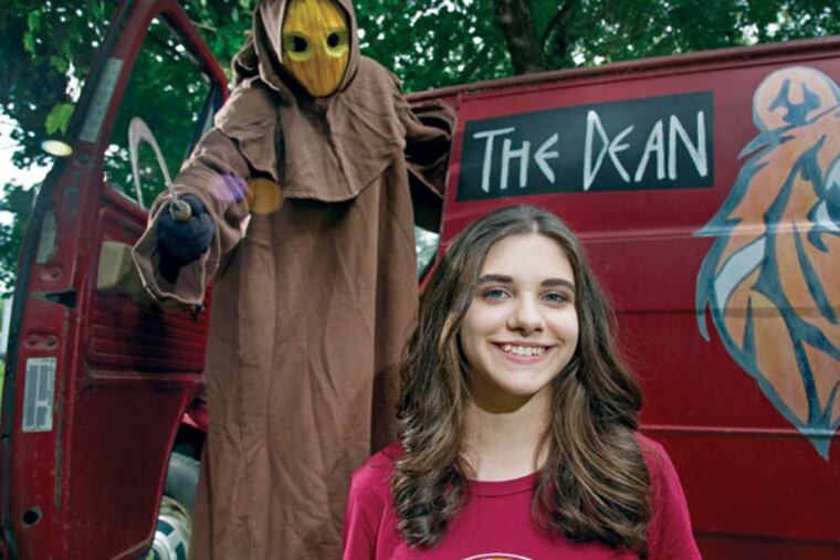 Emily DiPrimio, 15, has directed and cowritten “Carver,” which opens a film festival at the Ritz in Oaklyn on Friday. Horror is in her blood — her father, Ron, dressed up as a character from the movie, also makes scary movies in his spare time. (CLEM MURRAY / Staff Photographer)