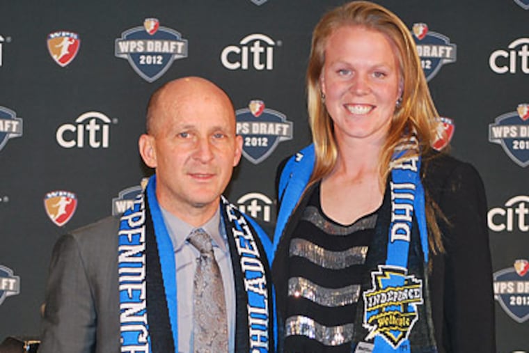 Philadelphia Independence coach Paul Riley with second round draft pick Courtney Goodson. (Jonathan Tannenwald/Philly.com)